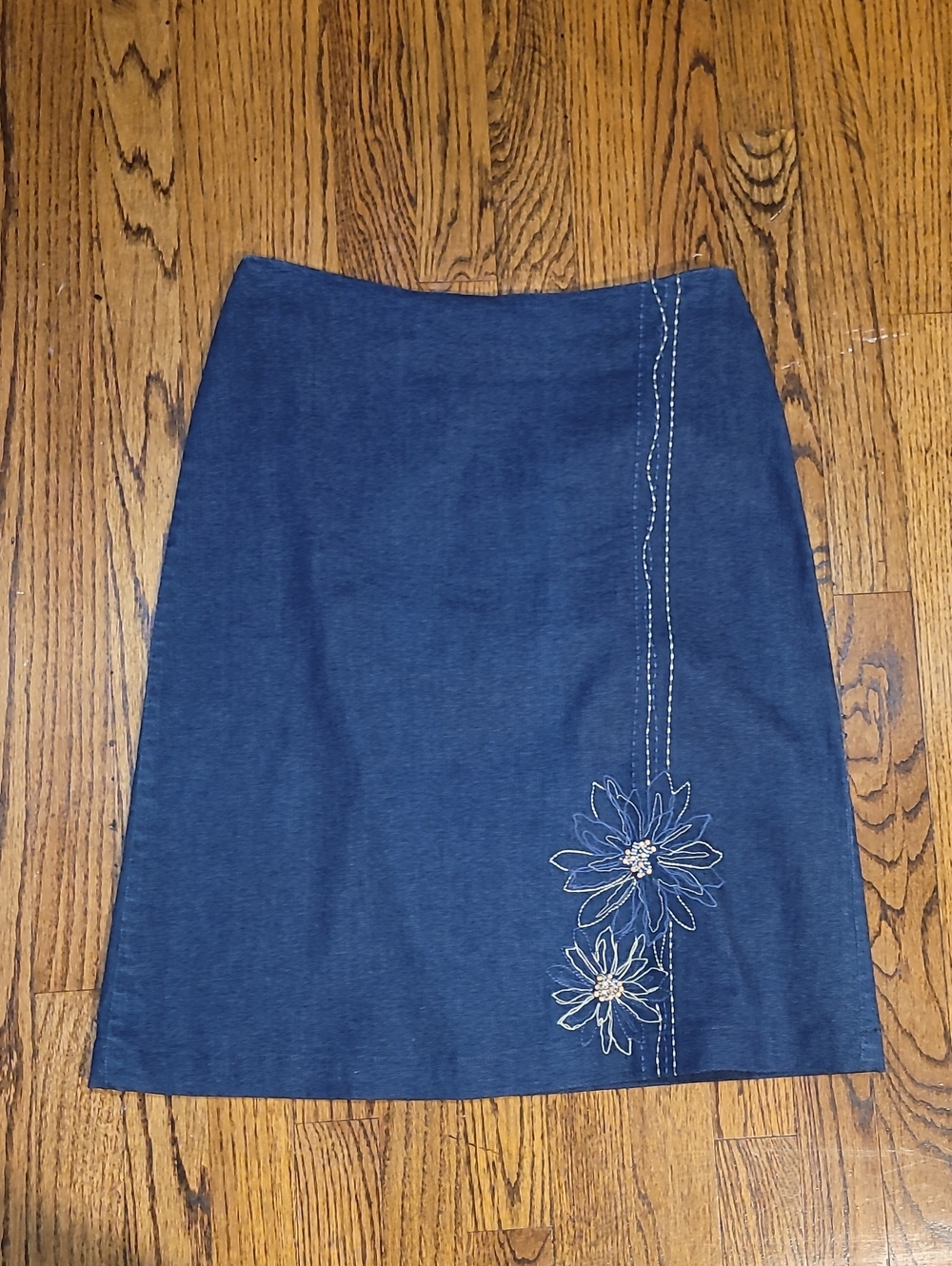 Casual Corner Navy Midi Skirt with Floral Stitching
